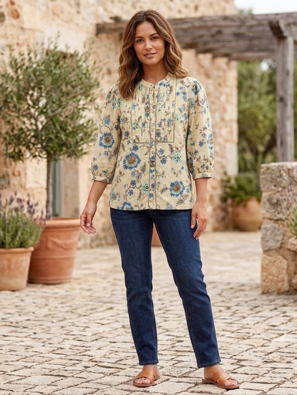 MNG Floral Linen Blend Blouse Size L
